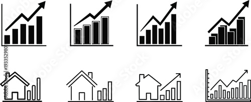 Real estate growth and investment trends illustrated with rising charts and housing icons representing market expansion, property value increase, and financial progress over time globally
