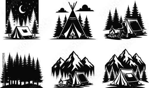 Set of black and white camping icons featuring tents tepees mountains and pine forests for outdoor adventure and wilderness exploration themes