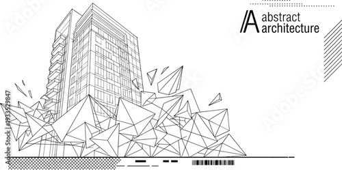 Professional black vector architecture illustration of modern building with balconies and explosive low-poly geometric shard landscape base