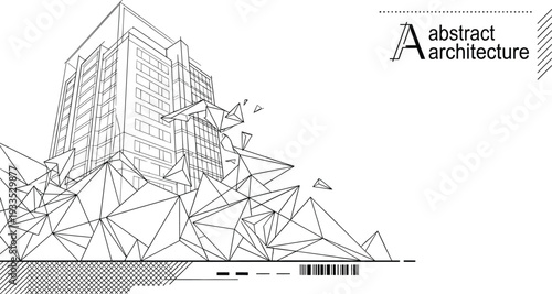 Professional black vector architecture illustration of modern office building emerging from sharp low-poly geometric mountain terrain landscape