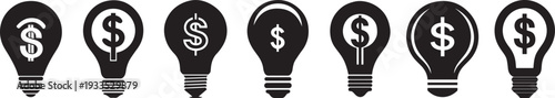 Silhouette of a generic Lightbulb with a Dollar Sign inside, representing cost-effective energy. Set of 6 finance light bulb icons vector