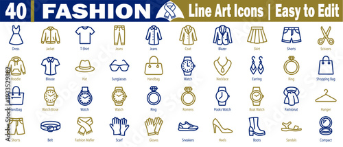 Fashion line art icons. Collection of clothing and accessories: dress jacket, shirt, jeans, coat, blazer, skirt, shorts, shoes, handbag, watch, tie, earring vector illustration.