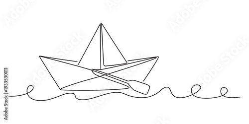 Minimalist black and white sketch of a paper origami boat with an oar on a wavy line. Vector, illustration