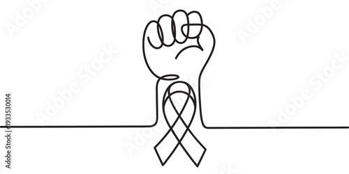 One line art illustration of a raised fist with an awareness ribbon symbol for unity and hope. Vector, illustration