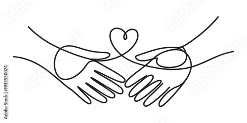 Continuous line drawing of two hands connected by a heart shape representing love and unity Vector, illustration