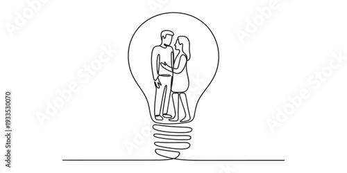 Continuous line drawing of a romantic couple standing together inside a light bulb symbol Vector, illustration