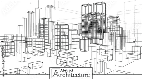 Professional black vector architecture wireframe of high-density urban city skyline with diverse geometric building structures and perspective