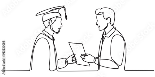 A continuous line drawing of a graduate receiving a diploma from a professor at a ceremony. Vector, illustration