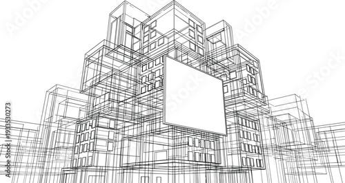 Professional black vector architecture wireframe of modular geometric building complex with large central billboard for commercial advertising