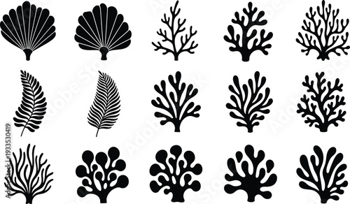 Set of black coral silhouettes and marine plant icons featuring seaweed algae and aquatic vegetation isolated on a white background