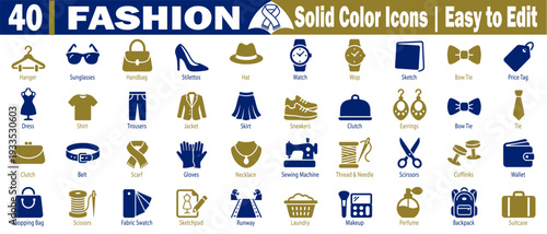 Fashion solid color icons. Representing clothing accessories and style elements for easy editing and visual representation of apparel vector illustration.