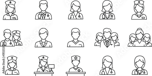 Professional black vector line icon set for healthcare staffing, nursing, doctors, and medical team hospital administration services