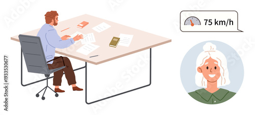 Work productivity, analytics dashboard, remote monitoring, data tracking, speed analysis, team communication. A man at a desk working on papers and a speed alert with a woman s photo. Productivity