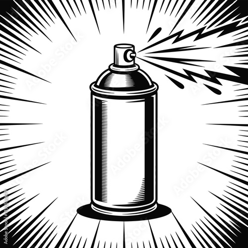 A spray can is depicted in a graphic illustration style, spraying liquid outwards.