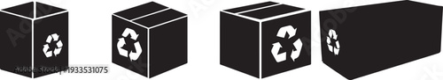 Silhouette of a generic box with the Recycle symbol clearly visible. Set of 4 recycling box icons vector