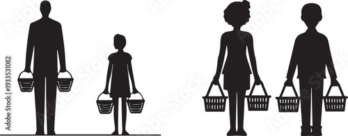 Silhouette of two different sized people standing on an equal horizontal line, holding Shopping Baskets. Set of 4 shopping people icons vector