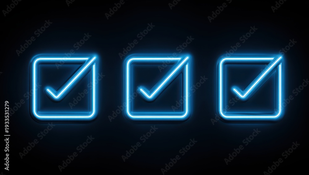 Fototapeta premium Three Glowing Blue Neon Checkmarks on Black Background, Modern Design.