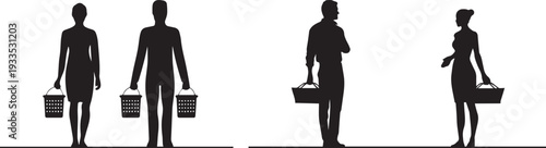 Silhouette of two different sized people standing on an equal horizontal line, holding Shopping Baskets. Set of 4 people carrying boxes vector icons