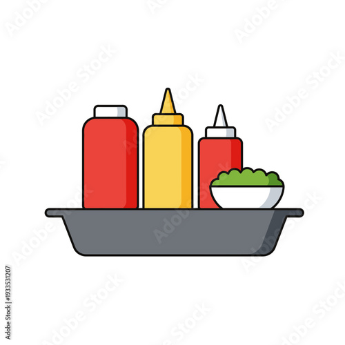 Ketchup, Mustard, and Relish Condiments on a Serving Tray Illustration