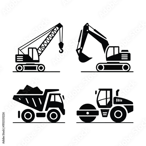 Four types of construction vehicles are shown in this illustration.