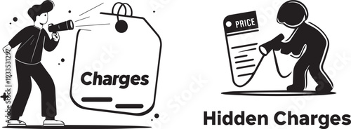 Silhouette of a person using a flashlight to look under a generic Price Label, minimalist style. Set of 2 hidden charges icons vector