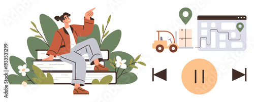 Logistics, route optimization, delivery services, supply chain, e-commerce, and navigation. A woman sits on books, map with location pins forklift and control icons. Logistics and delivery services