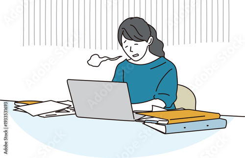 デスクワークでため息をつくビジネスパーソンの女性イラスト素材