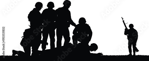 WebSoldier silhouette group, military teamwork, battlefield assistance, fallen comrade, rifle stance, army unity, war training, defense concept, combat illustration, patriotic design