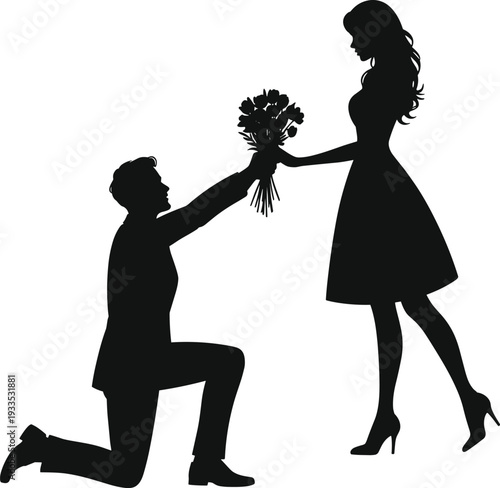 WebRomantic silhouette man proposing with flowers, woman accepting bouquet, love gesture illustration, couple relationship concept, anniversary celebration, Valentine’s Day design