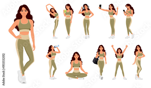 Fitness woman character workout pose isolated