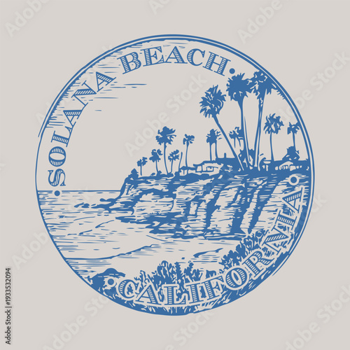 Vintage Solana Beach California postmark stamp featuring the iconic sandstone cliffs and Fletcher cove.