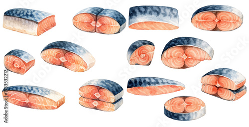 A charming watercolor collection of fresh mackerel fish cuts for sushi menus and culinary illustrations.