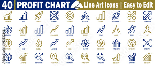 Professional profit chart line icons. Collection with growth concepts, including ascending stairs, rising rockets, and floral bloom metaphors for business success vector illustration.