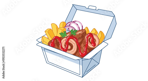An open white take-out container holds golden french fries, savory meat rolls, red onion, and parsley, generously topped with a vibrant red ketchup drizzle.