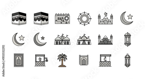 Hajj and Umrah Islamic Pilgrimage Icon Set, Mecca Religious Elements Vector Illustration