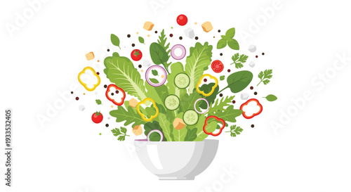 A white bowl dynamically presents a vibrant explosion of fresh salad ingredients, including crisp lettuce, ripe tomatoes, bell peppers, and crunchy croutons.