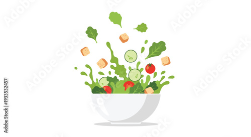 A white bowl dynamically splashes with fresh green salad leaves, red cherry tomatoes, crisp cucumber slices, and golden croutons, creating a vibrant scene.