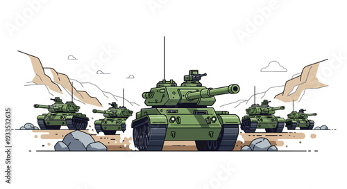 A convoy of seven robust green military tanks advances across a rugged, light brown desert landscape with prominent rocks and distant angular hills.