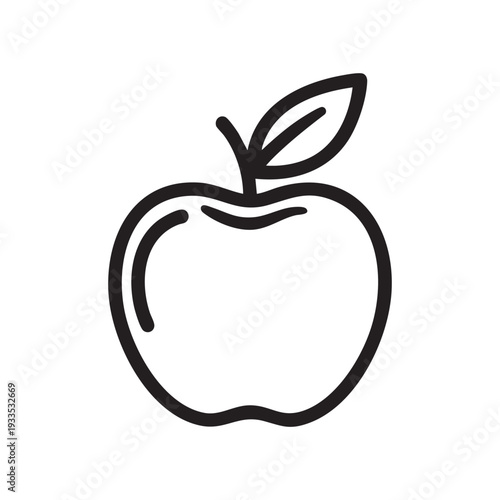 Simple line drawing of an apple with a single leaf on a plain background from a straightforward viewpoint