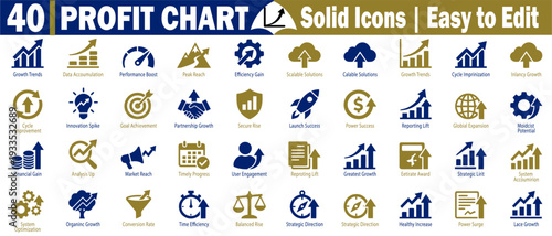 Profit chart solid icons. Featuring growth trends, data accumulation, and partnership growth symbols designed for business analytics and presentations, vector illustration.