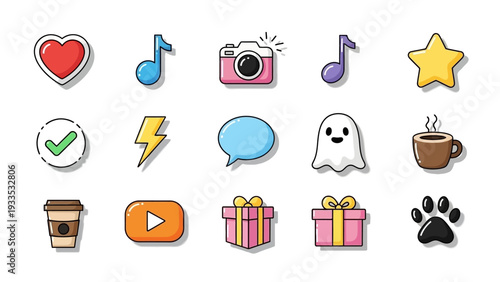 Set of colorful cartoon style emojis and icons.