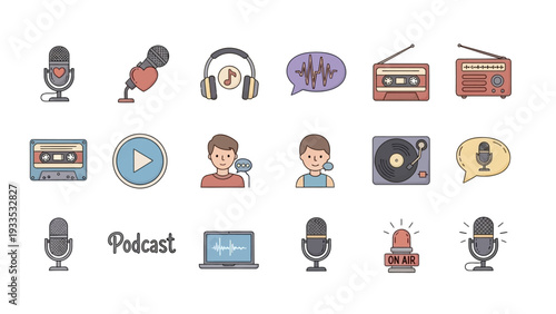 Collection of Podcasting Icons and Symbols.