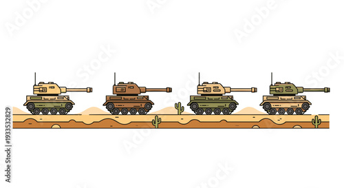 Four distinct military tanks, colored in brown and olive green, are neatly lined up in a side-profile view on a flat, sandy desert terrain with small cacti.