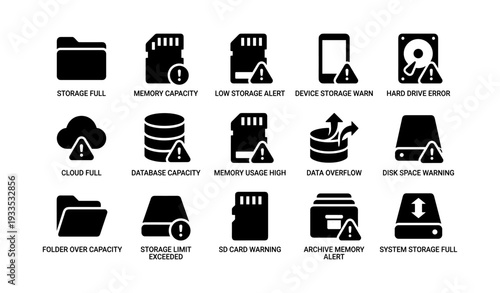 Device storage alerts and warnings icon set for capacity management