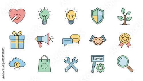 Collection of Simple Icons Representing Ideas and Tools.