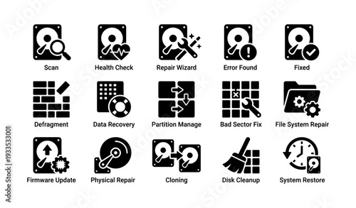 Hard drive maintenance icons: repair, recovery, update
