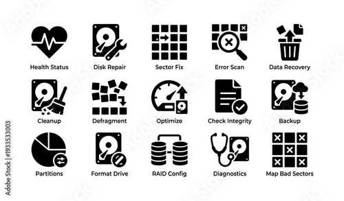 Hard drive maintenance icons: repair, defragment, backup, diagnostics, data recovery symbols