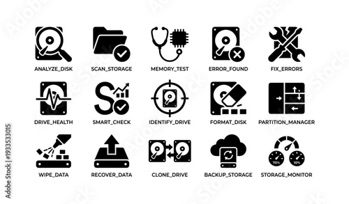 Data storage management icons: disk analysis, memory test, drive health, backup, partition management
