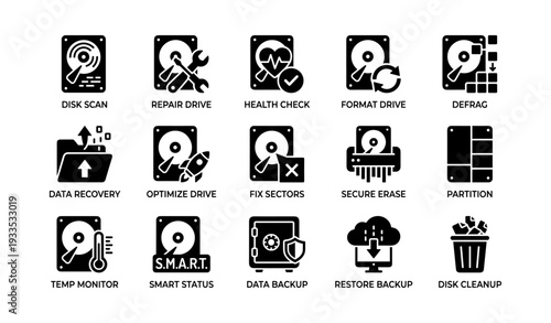 Computer maintenance icons: disk scan, repair, health check, format drive, data recovery