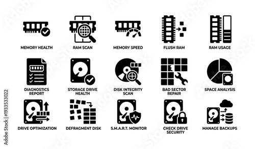 Computer diagnostic icons set: memory, ram, disk health, optimization, backups